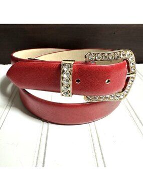 Vince Camuto Belt Red Rhinestone Faux Leather 34-36 Waist Gold Tone Buckle Bling